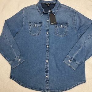 NWT TRUE RELIGION Oversized Denim Crystal Long Sleeve Button Down Shirt 600119